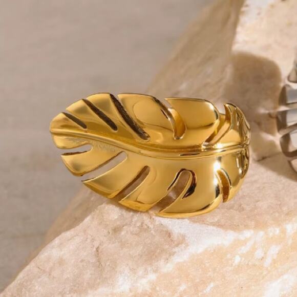 Gold Feather Leaf Leaves Ring Adjustable Stainless Steel Gold Plated - Picture 8 of 8